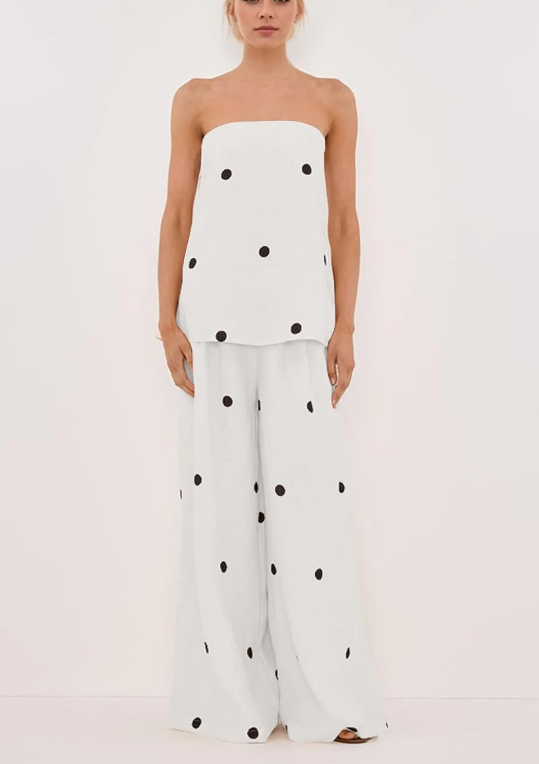 Women 2 Piece Outfits Polka Dot Summer Pants Set Strapless Tube Top High Elastic Waist Wide Leg Pants Lounge Sets