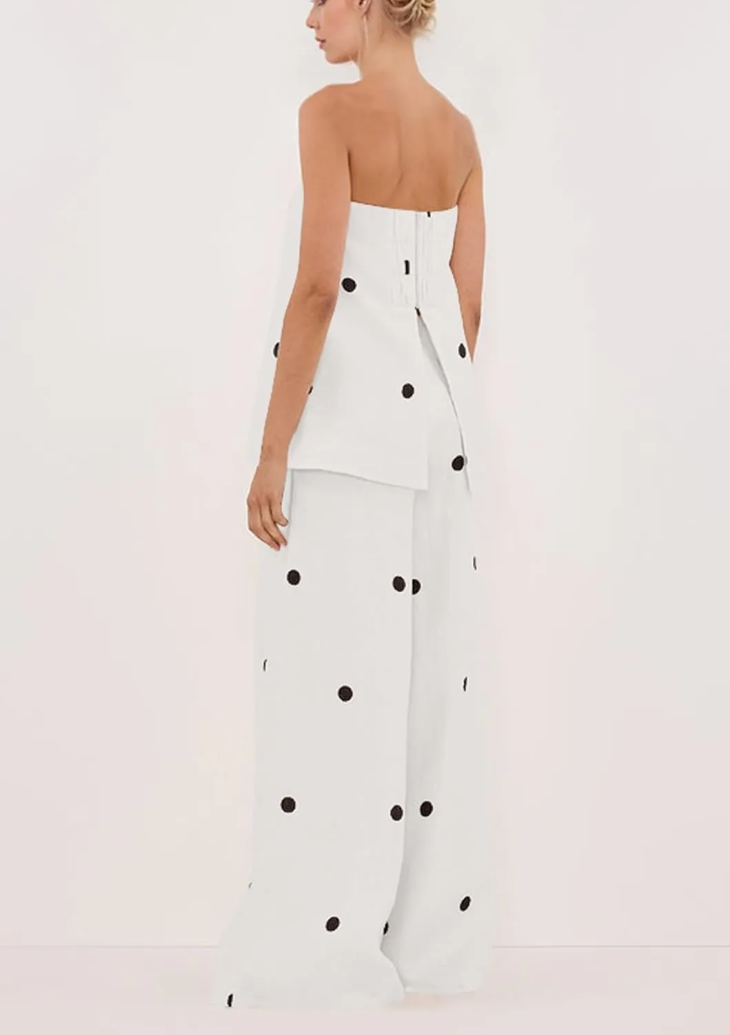 Women 2 Piece Outfits Polka Dot Summer Pants Set Strapless Tube Top High Elastic Waist Wide Leg Pants Lounge Sets