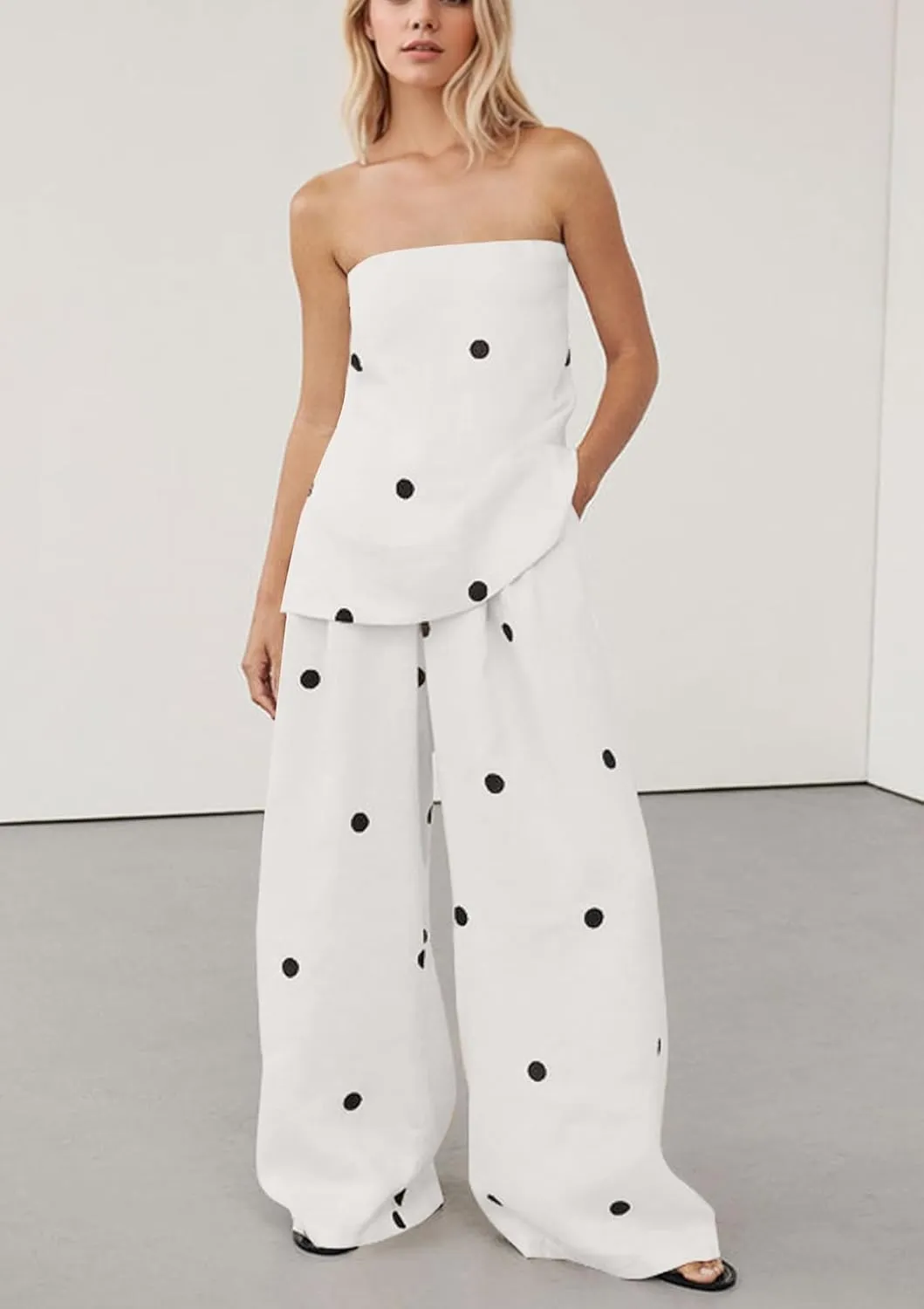 Women 2 Piece Outfits Polka Dot Summer Pants Set Strapless Tube Top High Elastic Waist Wide Leg Pants Lounge Sets