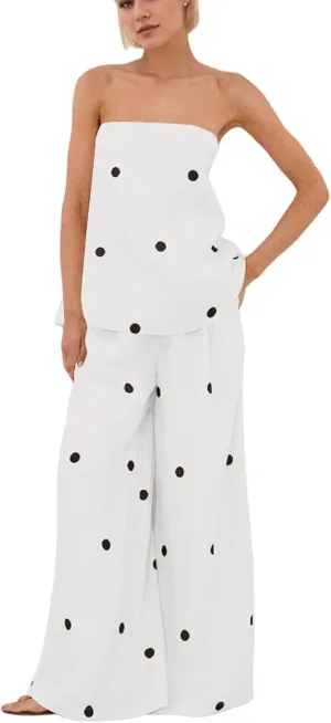 Women 2 Piece Outfits Polka Dot Summer Pants Set Strapless Tube Top High Elastic Waist Wide Leg Pants Lounge Sets