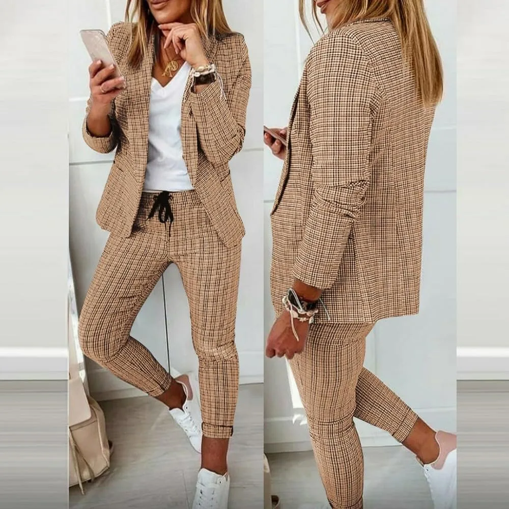 Women Blazer Set 2 Piece Outfits,Plaid Print Long Sleeve Blazer with Drawstring Pants Solid Business Casual Suit Set