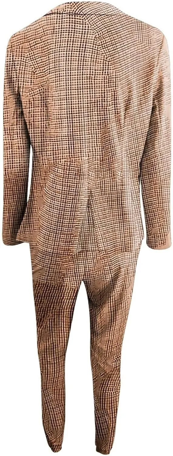 Women Blazer Set 2 Piece Outfits,Plaid Print Long Sleeve Blazer with Drawstring Pants Solid Business Casual Suit Set