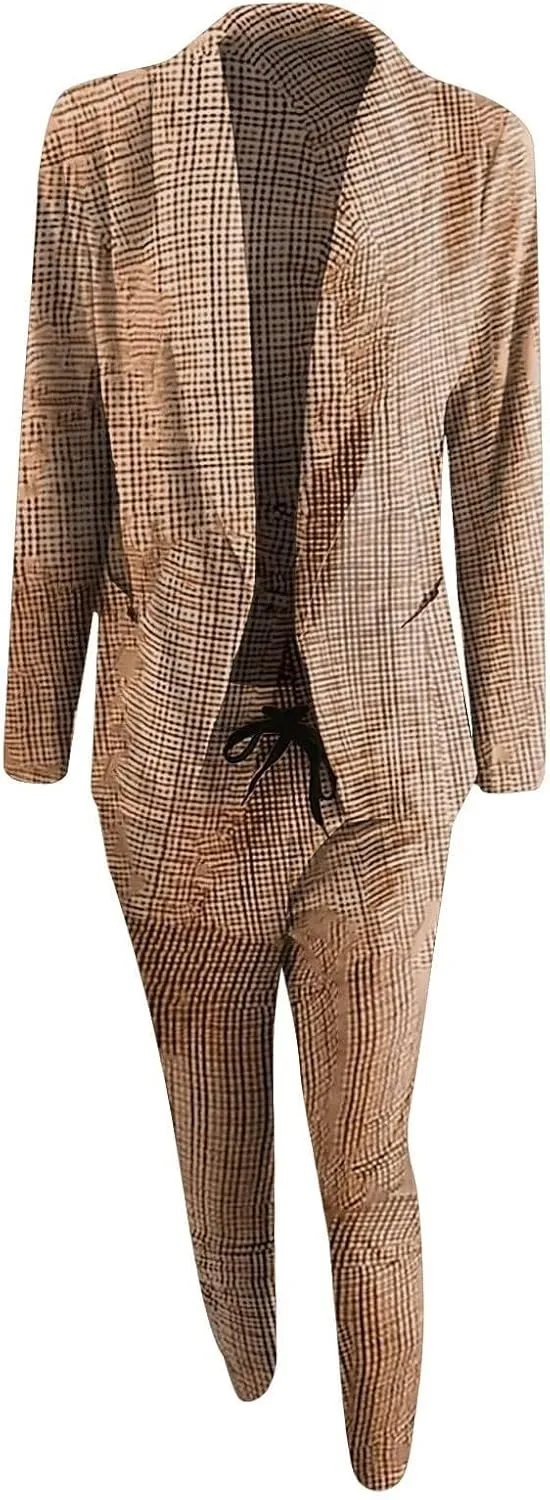 Women Blazer Set 2 Piece Outfits,Plaid Print Long Sleeve Blazer with Drawstring Pants Solid Business Casual Suit Set
