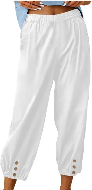 Women Capri Pants Casual Drawstring Elastic High Waist Baggy Wide Leg Cropped Pants Trousers for Ladies Summer Slacks