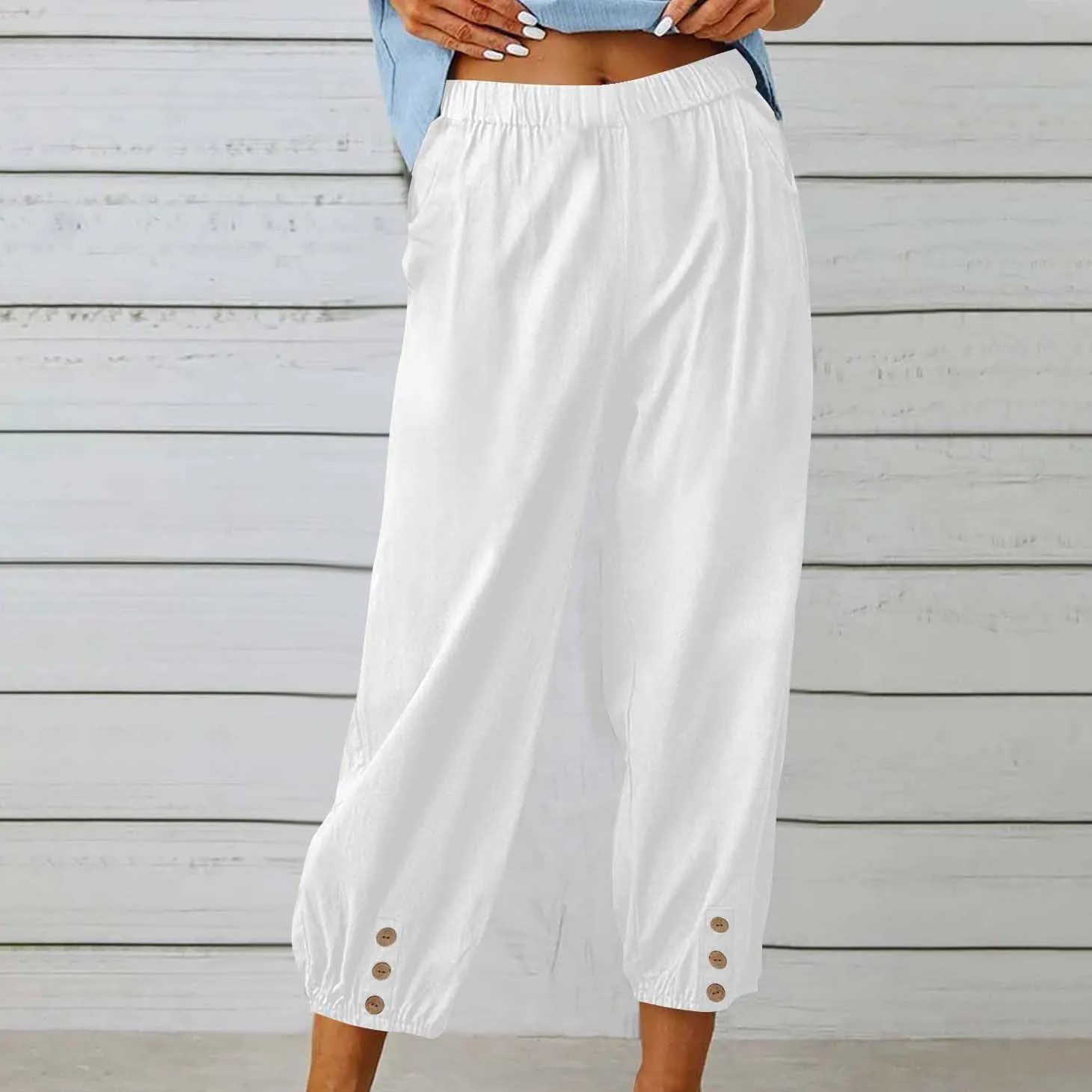 Women Capri Pants Casual Drawstring Elastic High Waist Baggy Wide Leg Cropped Pants Trousers for Ladies Summer Slacks