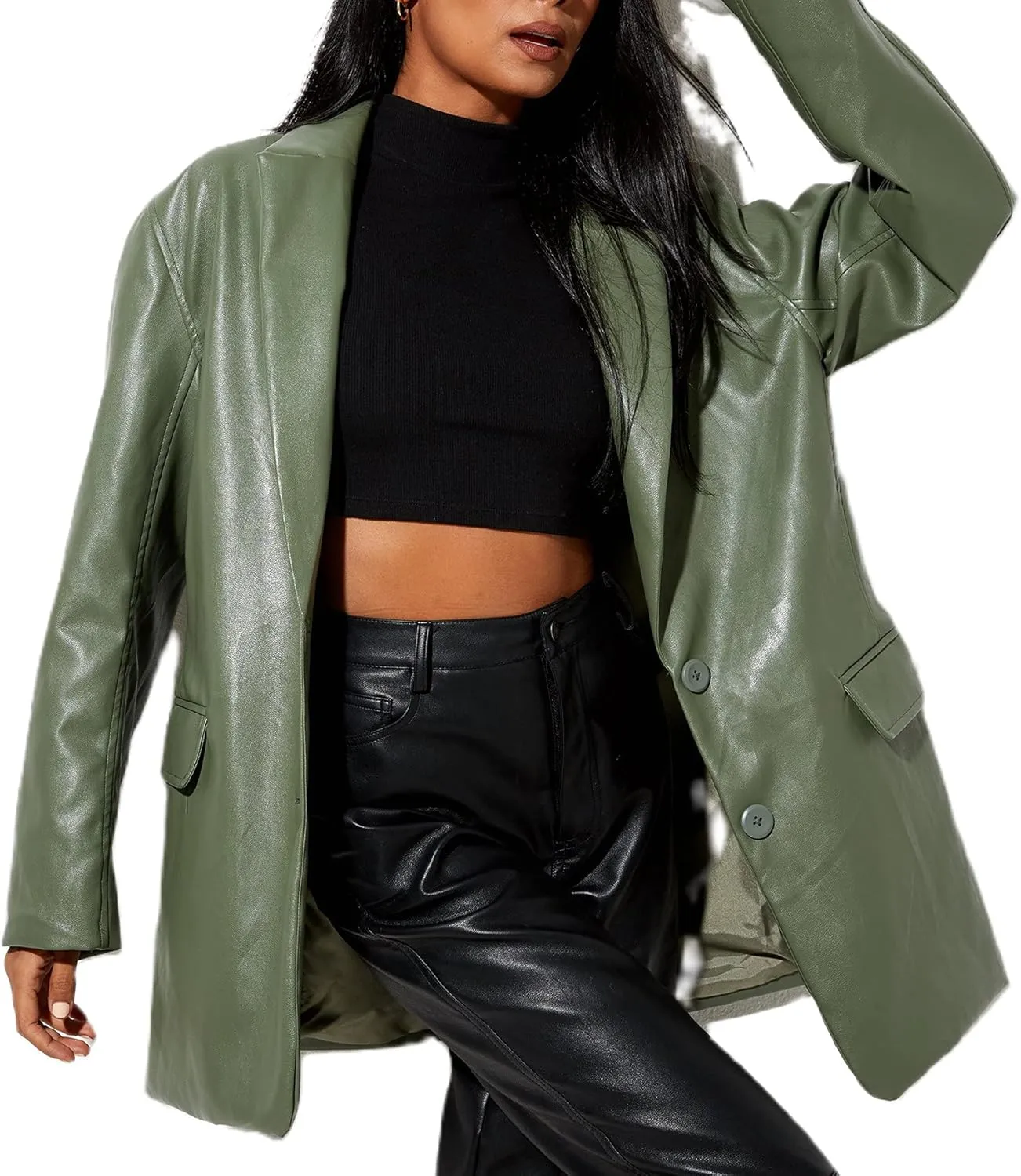 Women Casual Faux Leather Blazer Long Sleeve Button Down Y2K PU Leather Jacket with Pocket