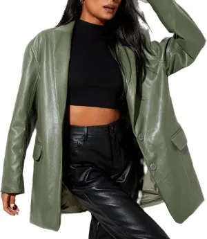 Women Casual Faux Leather Blazer Long Sleeve Button Down Y2K PU Leather Jacket with Pocket