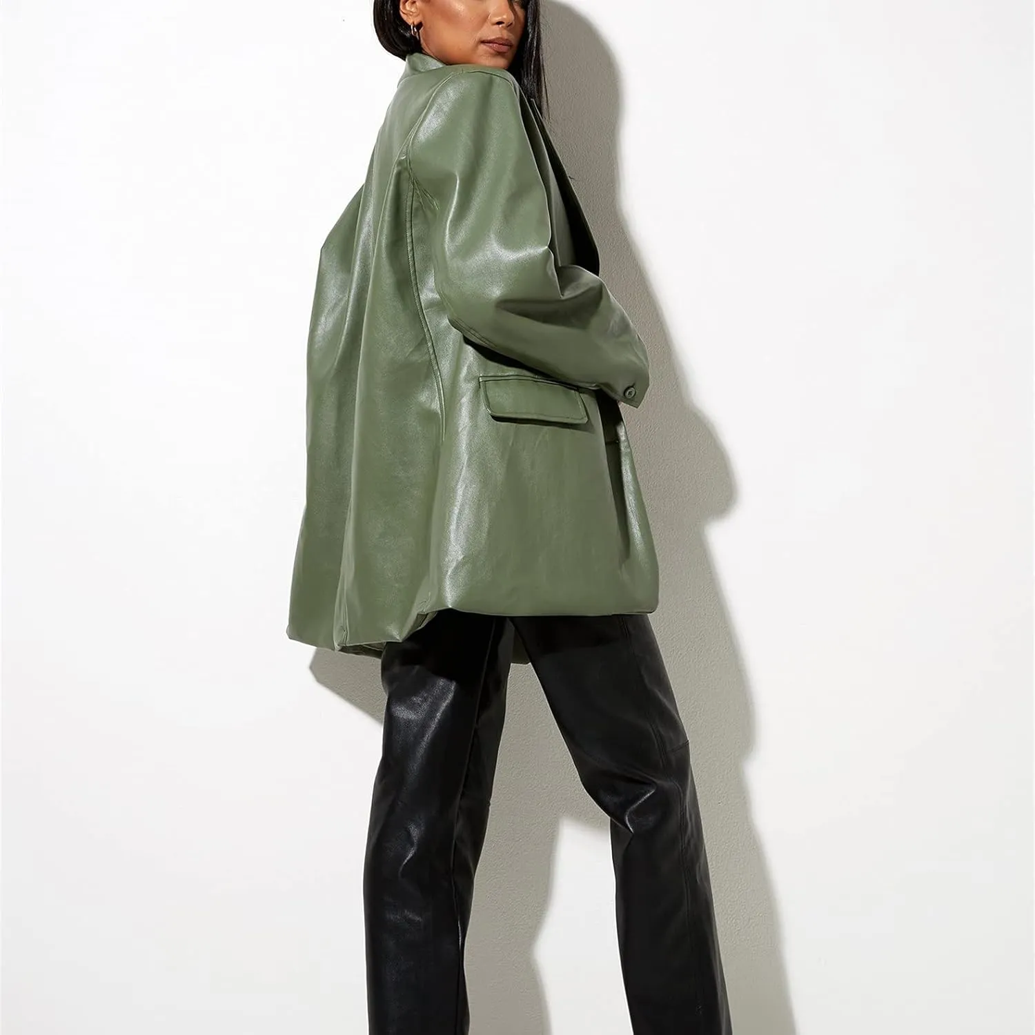 Women Casual Faux Leather Blazer Long Sleeve Button Down Y2K PU Leather Jacket with Pocket