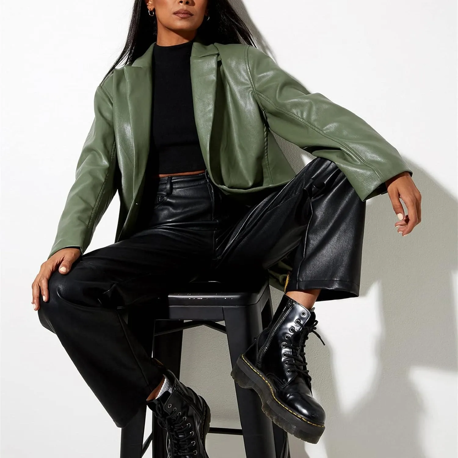 Women Casual Faux Leather Blazer Long Sleeve Button Down Y2K PU Leather Jacket with Pocket