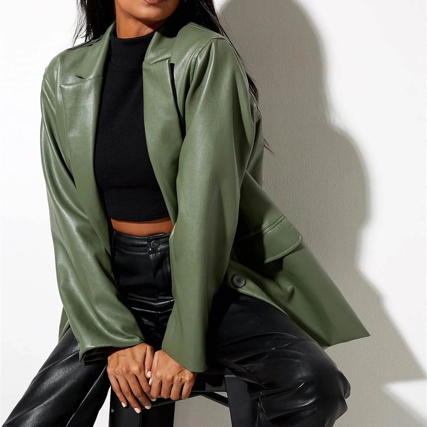 Women Casual Faux Leather Blazer Long Sleeve Button Down Y2K PU Leather Jacket with Pocket