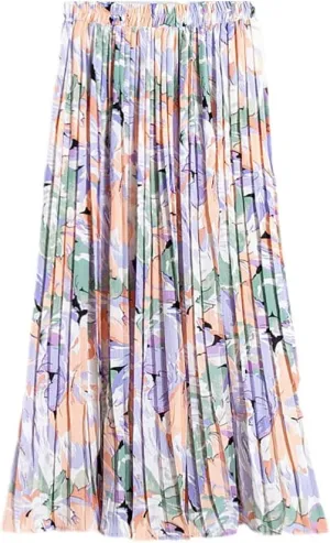 Women Chiffon Pleated Skirt Elastic High Waist Summer Skirts Female Print Mid Calf Casual Midi Long Skirt