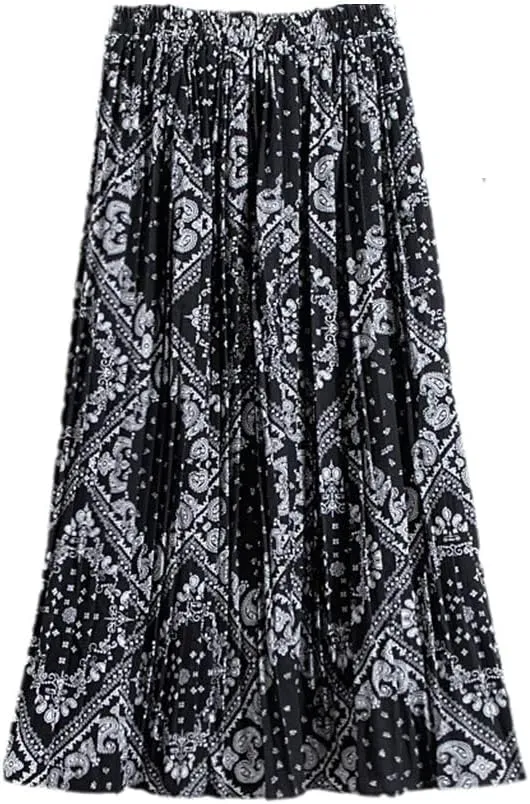 Women Chiffon Pleated Skirt Elastic High Waist Summer Skirts Female Print Mid Calf Casual Midi Long Skirt