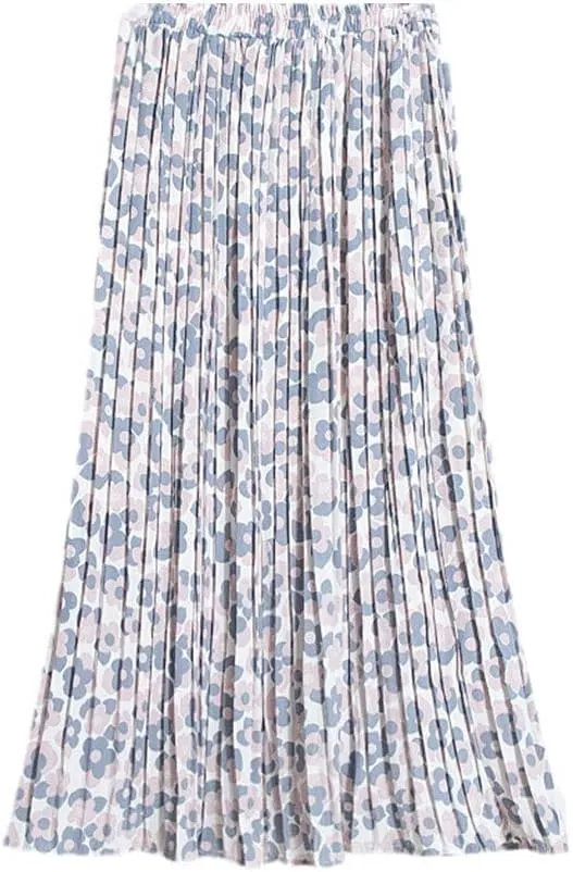 Women Chiffon Pleated Skirt Elastic High Waist Summer Skirts Female Print Mid Calf Casual Midi Long Skirt
