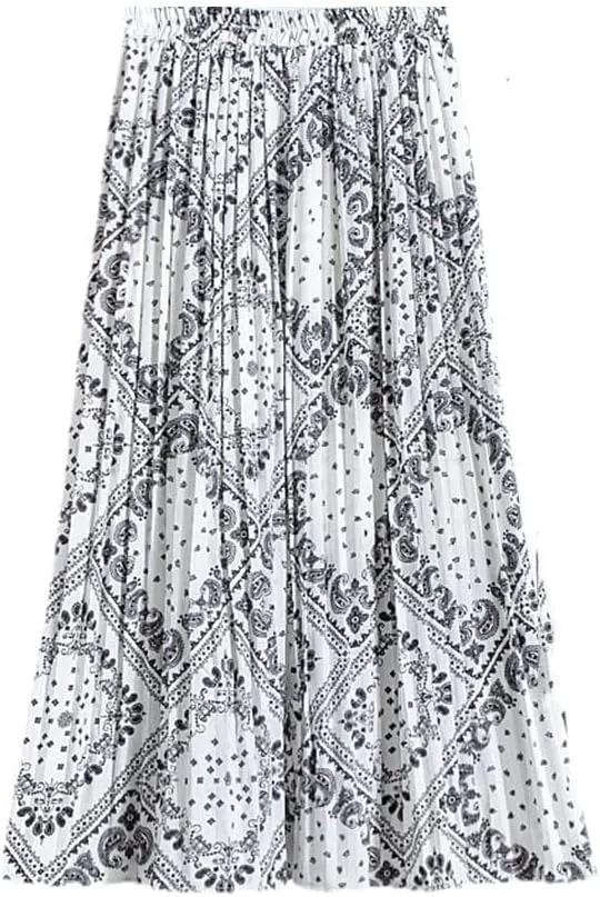Women Chiffon Pleated Skirt Elastic High Waist Summer Skirts Female Print Mid Calf Casual Midi Long Skirt