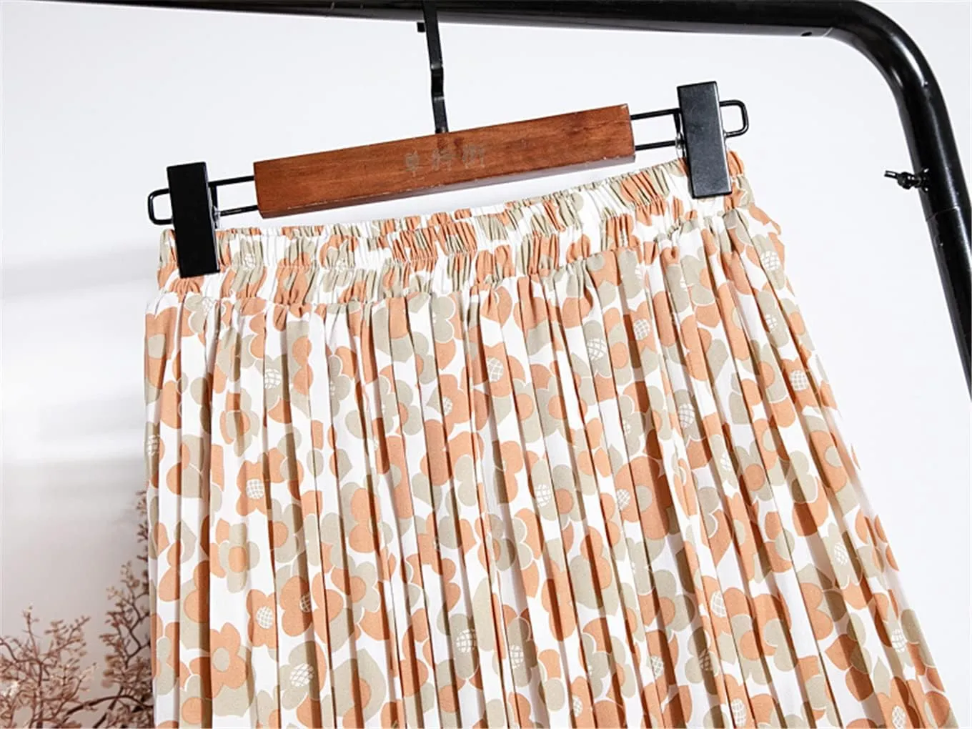 Women Chiffon Pleated Skirt Elastic High Waist Summer Skirts Female Print Mid Calf Casual Midi Long Skirt