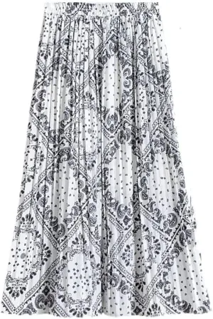 Women Chiffon Pleated Skirt Elastic High Waist Summer Skirts Female Print Mid Calf Casual Midi Long Skirt