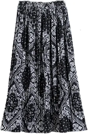 Women Chiffon Pleated Skirt Elastic High Waist Summer Skirts Female Print Mid Calf Casual Midi Long Skirt