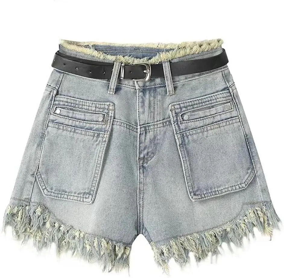 Women Denim Shorts Summer Loose A-Line Hot Pants Casual Raw Edge Wide Leg Jean Shorts