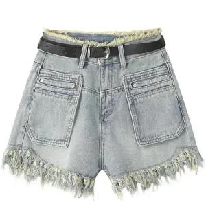 Women Denim Shorts Summer Loose A-Line Hot Pants Casual Raw Edge Wide Leg Jean Shorts
