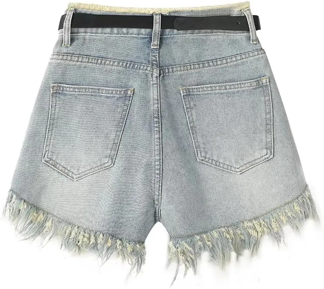 Women Denim Shorts Summer Loose A-Line Hot Pants Casual Raw Edge Wide Leg Jean Shorts
