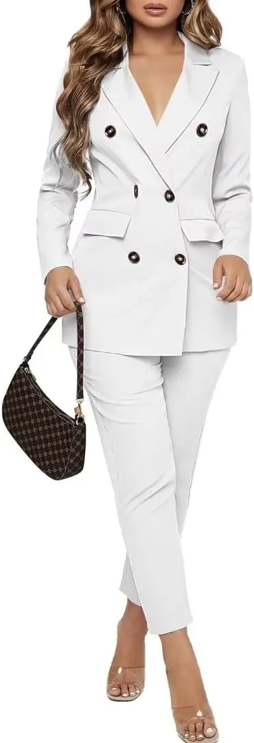 Women Double Breasted Blazer Set Formal 2 Piece Pants Outfits Long Sleeve Bussines Suit Set for Work Office