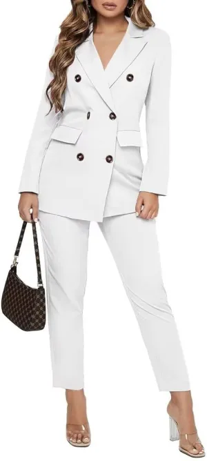 Women Double Breasted Blazer Set Formal 2 Piece Pants Outfits Long Sleeve Bussines Suit Set for Work Office