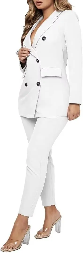 Women Double Breasted Blazer Set Formal 2 Piece Pants Outfits Long Sleeve Bussines Suit Set for Work Office