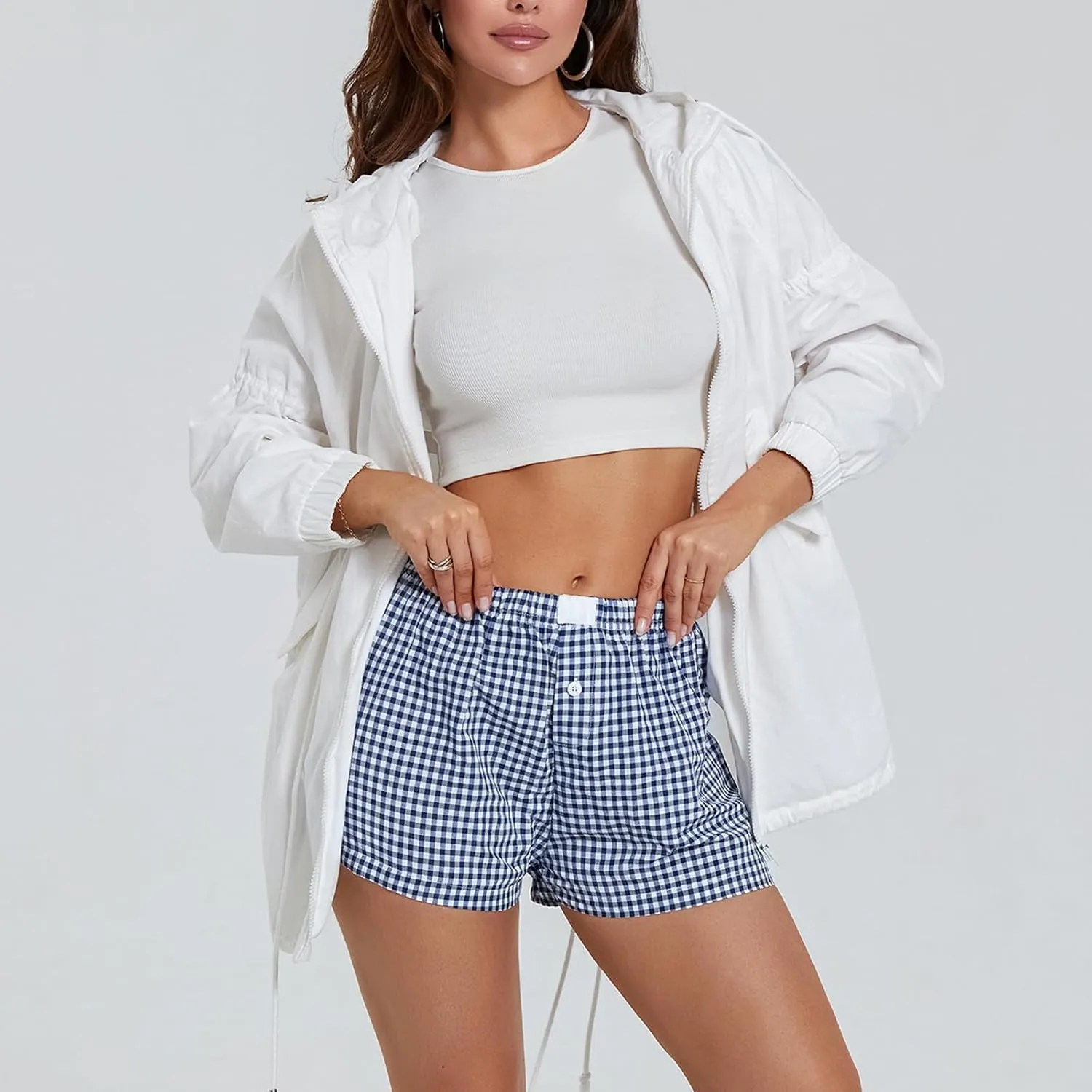 Women Gingham Boxer Shorts Y2k Cute Stripes Plaid Button Elastic Waist Lounge Boxers
