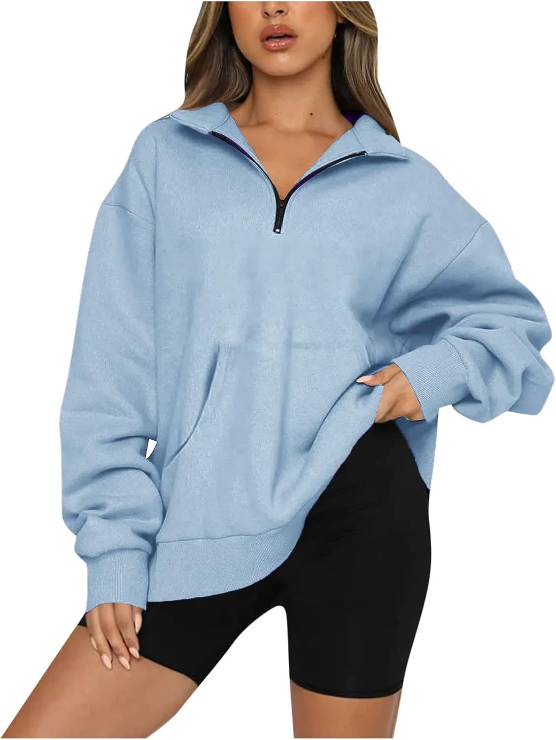 Women Half Zip Oversized Sweatshirts Long Sleeve Solid Color Hoodie Lightweight Drop Shoulder Fleece Pullover Tops