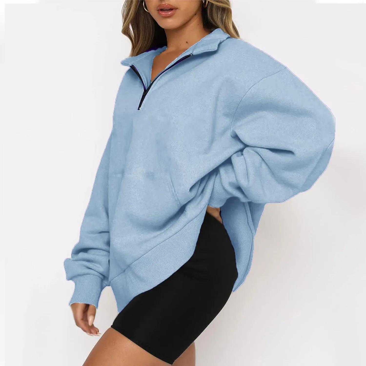 Women Half Zip Oversized Sweatshirts Long Sleeve Solid Color Hoodie Lightweight Drop Shoulder Fleece Pullover Tops