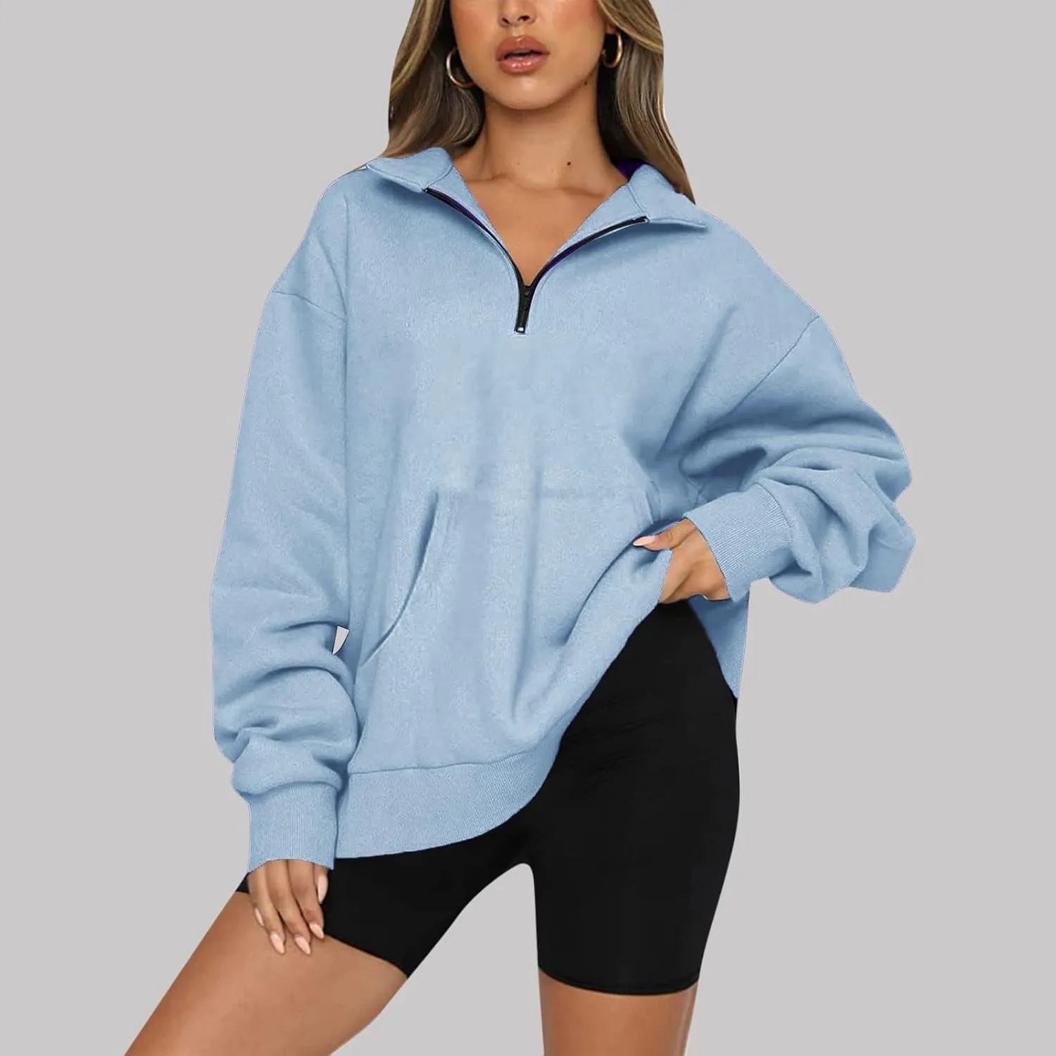 Women Half Zip Oversized Sweatshirts Long Sleeve Solid Color Hoodie Lightweight Drop Shoulder Fleece Pullover Tops