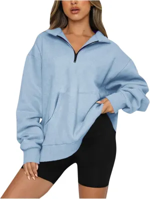 Women Half Zip Oversized Sweatshirts Long Sleeve Solid Color Hoodie Lightweight Drop Shoulder Fleece Pullover Tops