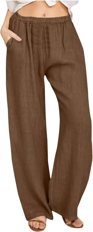 Women Linen Baggy Harem Pants Summer Casual Lounge Pants Travel Outfits Vacation Clothes Long Trouser with Pockets