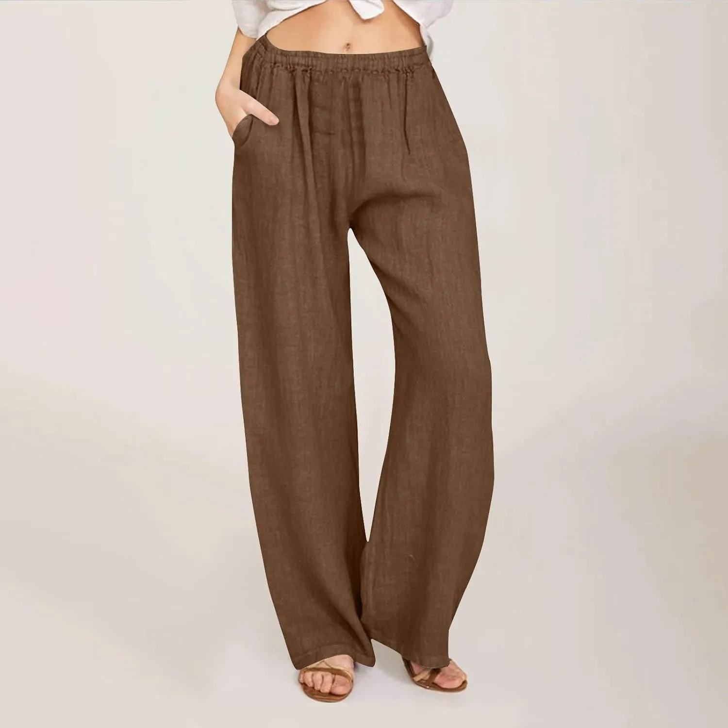 Women Linen Baggy Harem Pants Summer Casual Lounge Pants Travel Outfits Vacation Clothes Long Trouser with Pockets