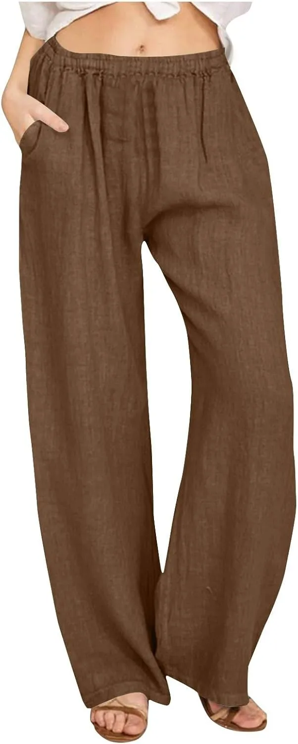 Women Linen Baggy Harem Pants Summer Casual Lounge Pants Travel Outfits Vacation Clothes Long Trouser with Pockets