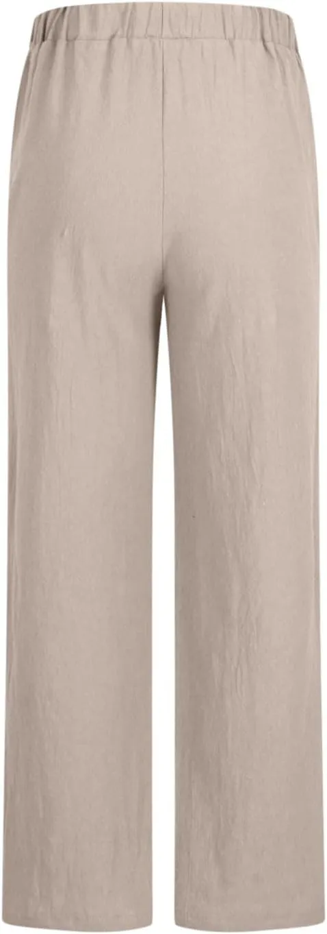 Women Linen Pants Summer Lightweight Wide Leg Trousers Drawstring Low Waisted Palazzo Pants with Pockets