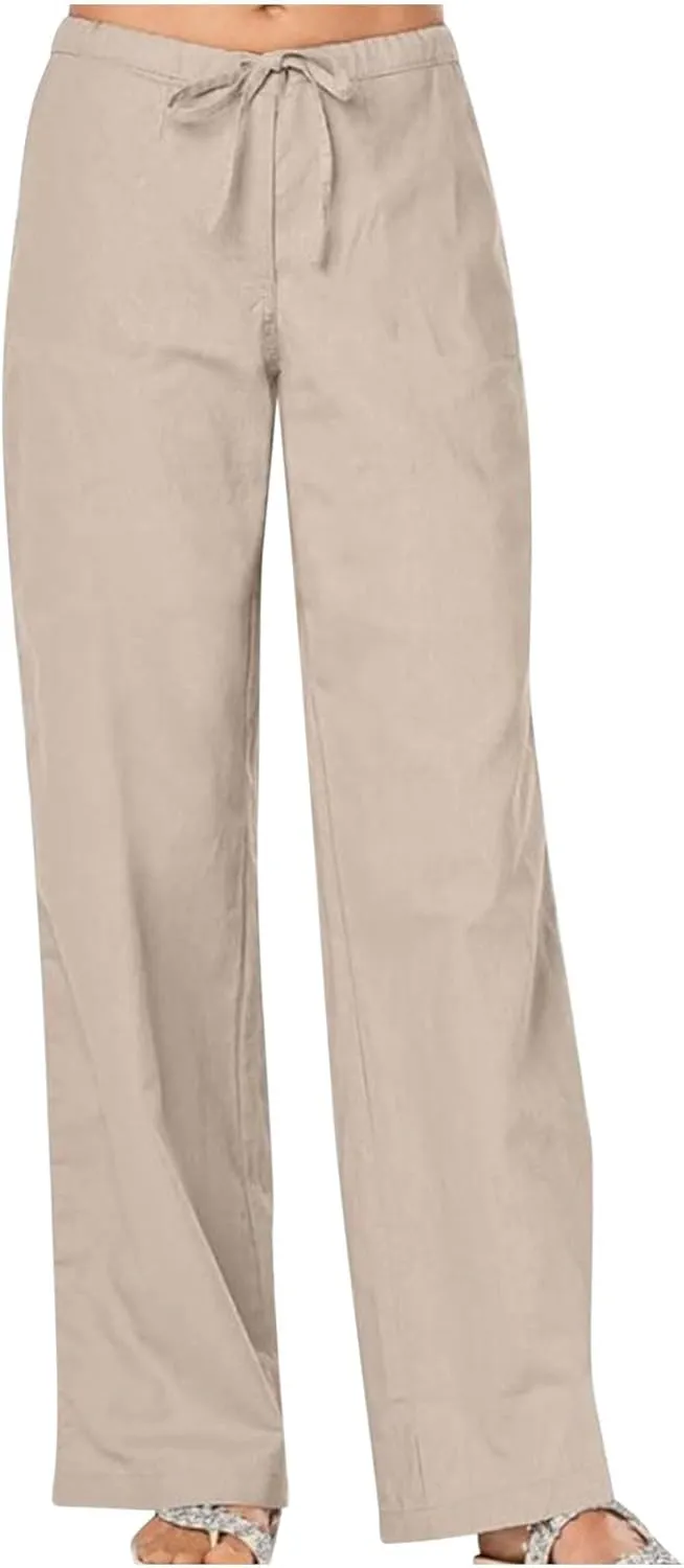 Women Linen Pants Summer Lightweight Wide Leg Trousers Drawstring Low Waisted Palazzo Pants with Pockets