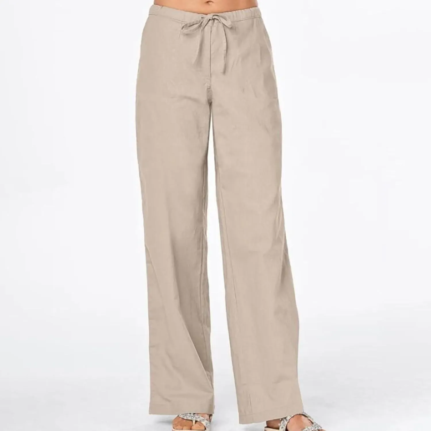 Women Linen Pants Summer Lightweight Wide Leg Trousers Drawstring Low Waisted Palazzo Pants with Pockets