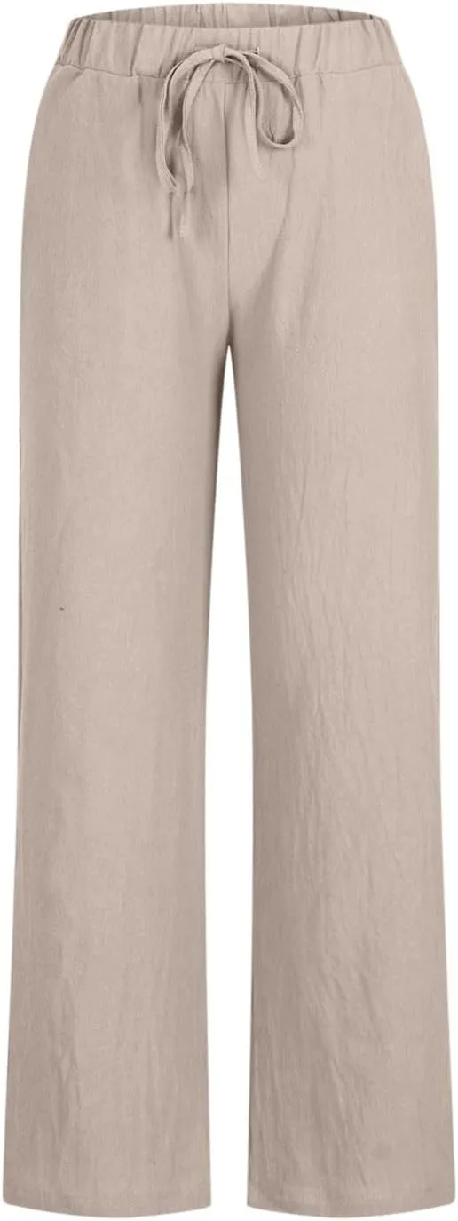 Women Linen Pants Summer Lightweight Wide Leg Trousers Drawstring Low Waisted Palazzo Pants with Pockets