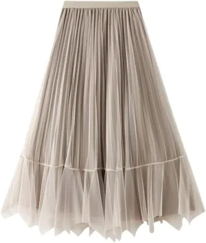 Women Long Maxi Tulle Skirts Female Irregular Velvet Midi Pleated Skirt Autumn Winter High Waist Reversible Skirt Lady