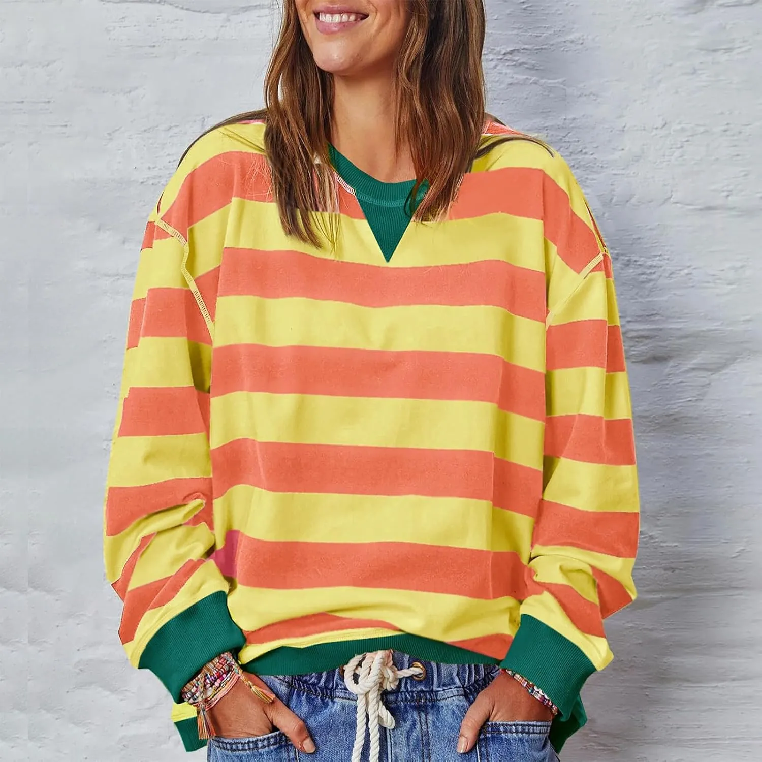 Women Oversized Sweatshirt Long Sleeve Crewneck Color Block Striped Pullover Tops