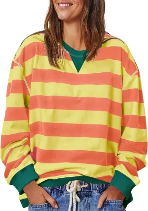 Women Oversized Sweatshirt Long Sleeve Crewneck Color Block Striped Pullover Tops