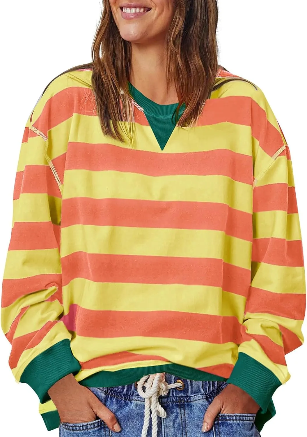 Women Oversized Sweatshirt Long Sleeve Crewneck Color Block Striped Pullover Tops
