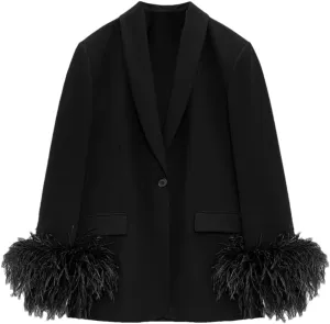 Women Sexy V-Neck Blazer Dress Lady Long Sleeve Pockets Feather Tassel Mini Dress Outwear