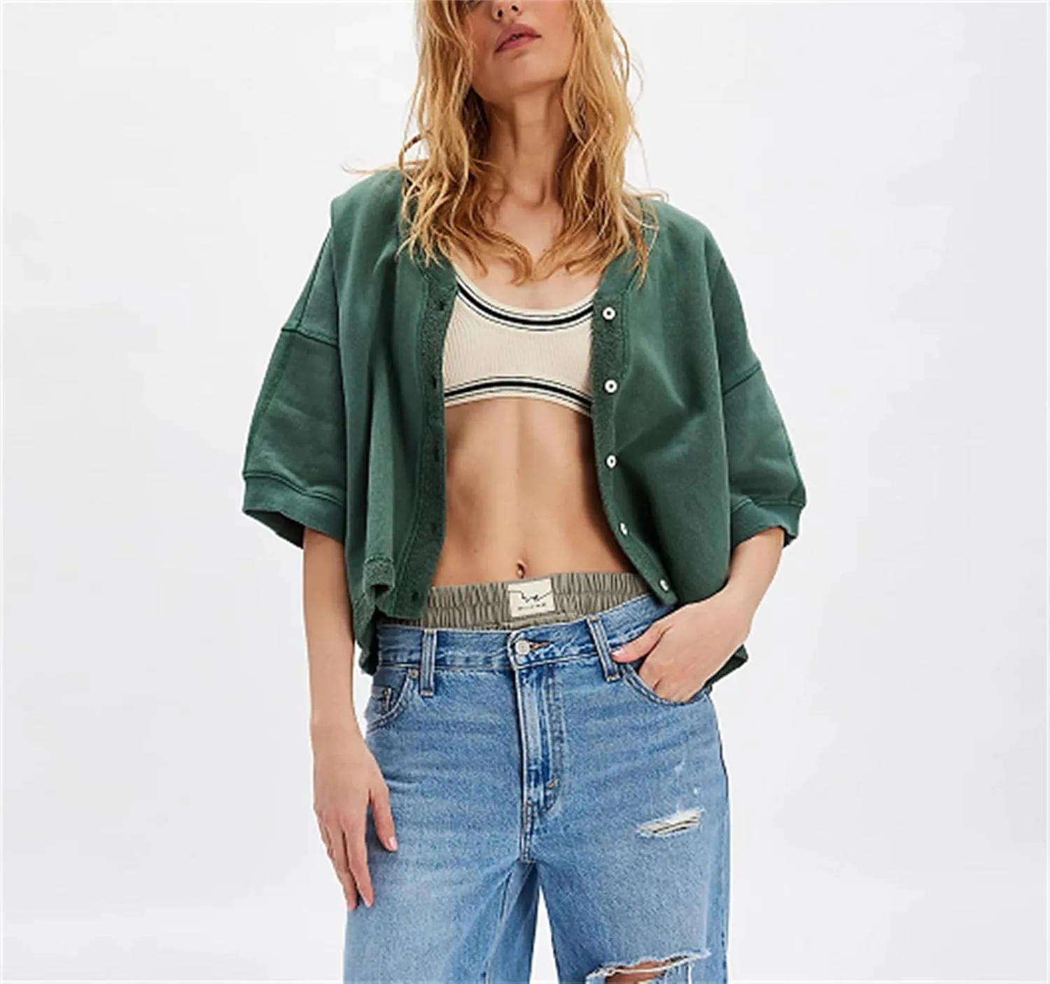 Women Short Sleeve Casual Cardigan Shirt Button Down Open Front V-Neck Loose T-Shirt Y2k Crop Tops Outwear Tee