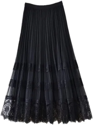 Women Summer Elegant Tulle Lace Patchwork Midi Skirts Fashion Ladies Spring High Waist Casual Pleated Skirt