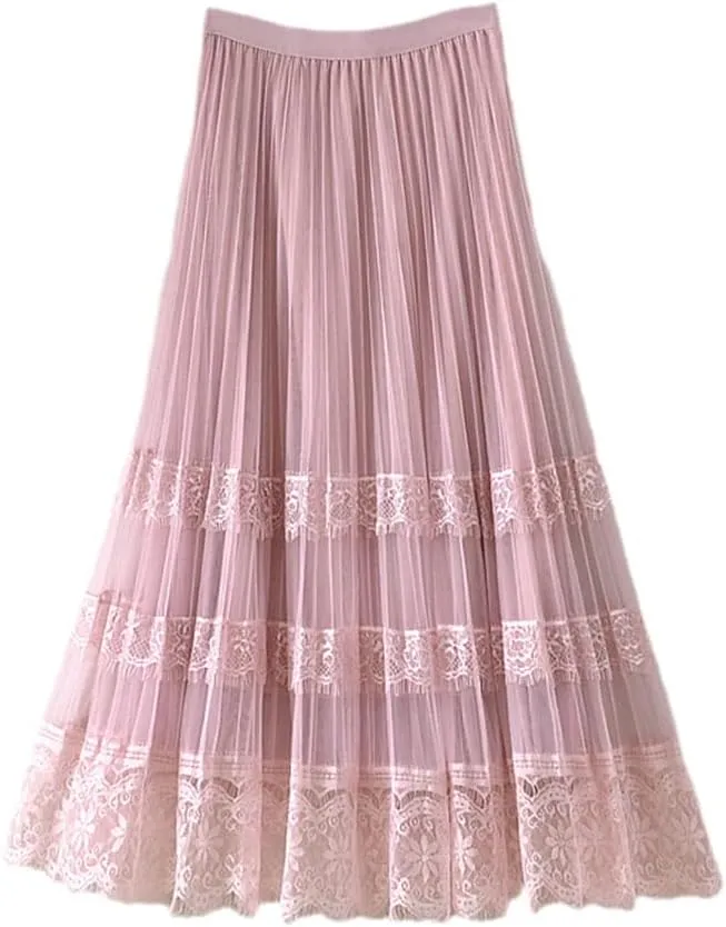 Women Summer Elegant Tulle Lace Patchwork Midi Skirts Fashion Ladies Spring High Waist Casual Pleated Skirt