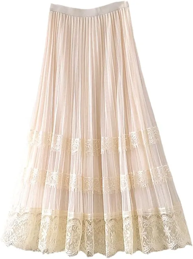 Women Summer Elegant Tulle Lace Patchwork Midi Skirts Fashion Ladies Spring High Waist Casual Pleated Skirt