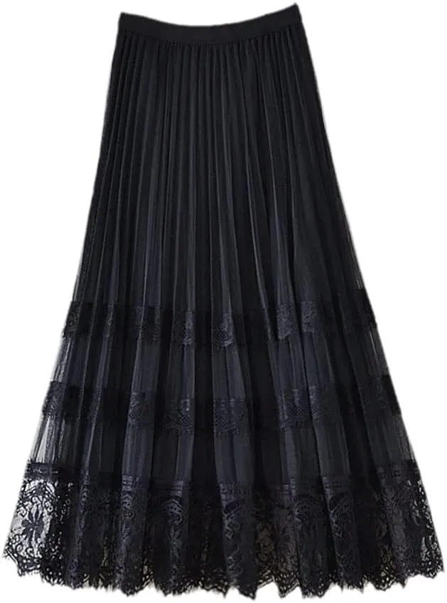 Women Summer Elegant Tulle Lace Patchwork Midi Skirts Fashion Ladies Spring High Waist Casual Pleated Skirt