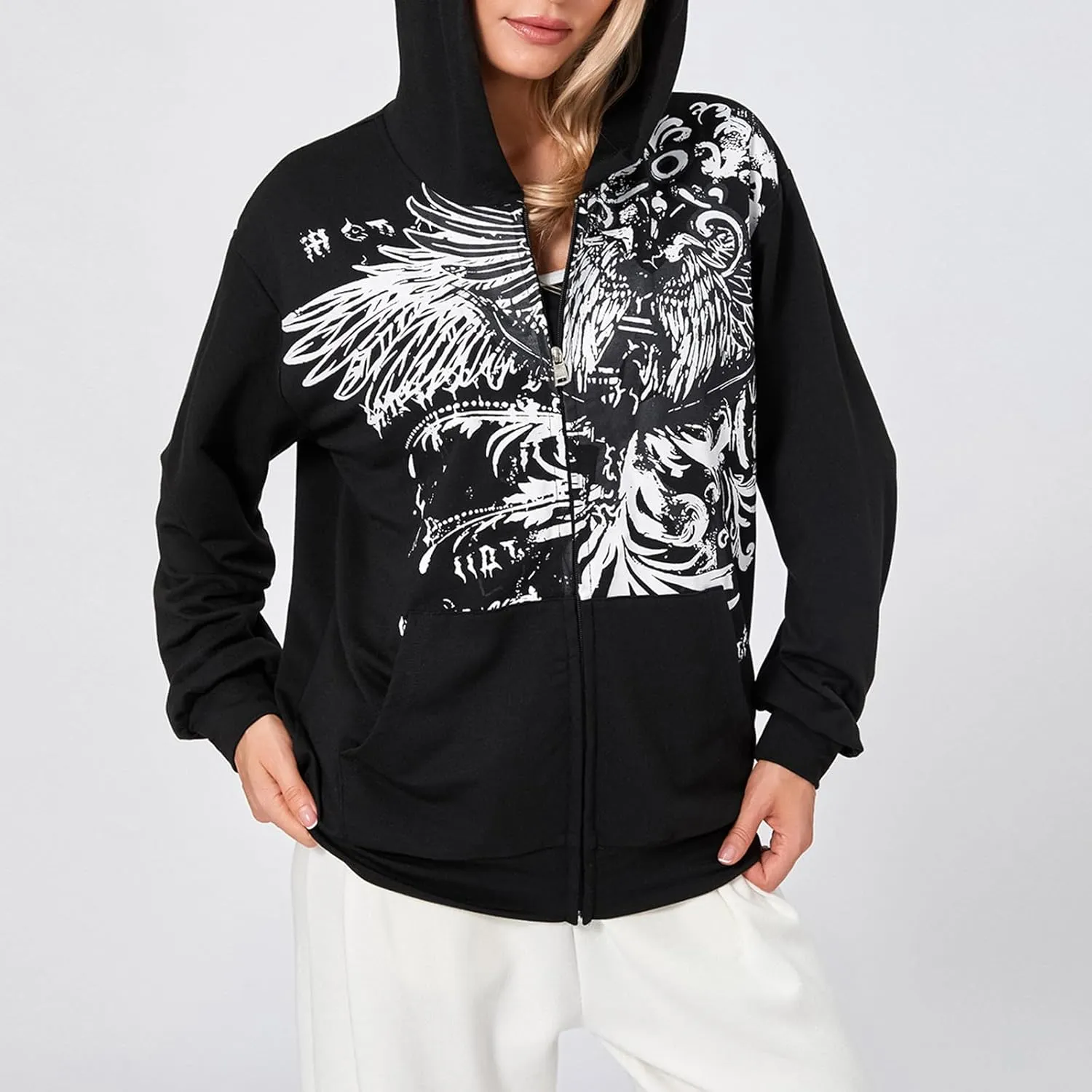Women Vintage Oversized Long Sleeve Skeleton Printed Sweatshirt Zip Up Goth Hoodie Y2k Aesthetic Jacket Streetwear